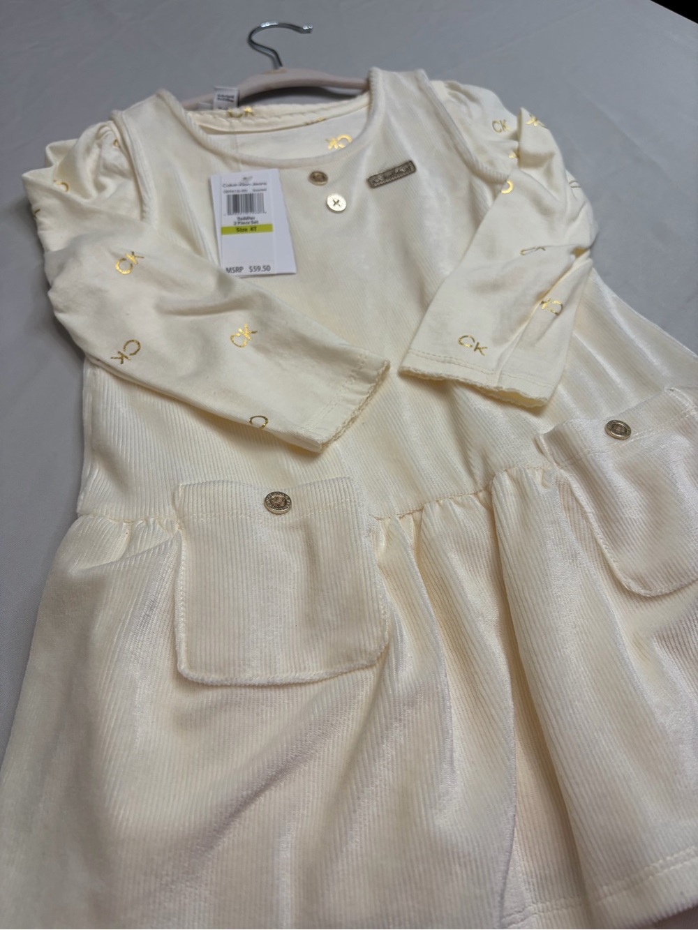 Calvin Klein Cream Ribbed Long Sleeve Top with Logo Trim